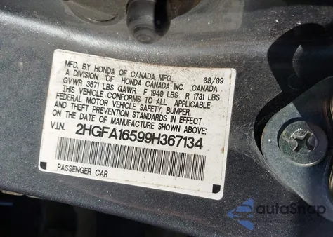 2009 Honda Civic Lx z USA, uszkodzony, nr VIN 2HGFA16599H367134